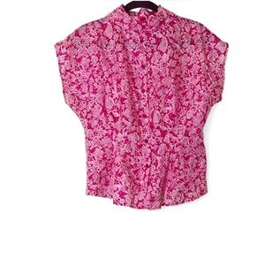 100% Silk Vintage button down Neckerchief floral blouse pink white size M